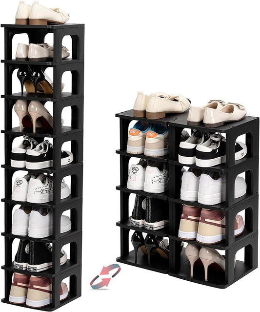 TRZZ 10-Tier Small Shoe Rack, Vertical Narrow Stackable Organizer with Removable Partition, Efficient Shoe Storage for Closet, Entryway, and Small Spaces (Black)