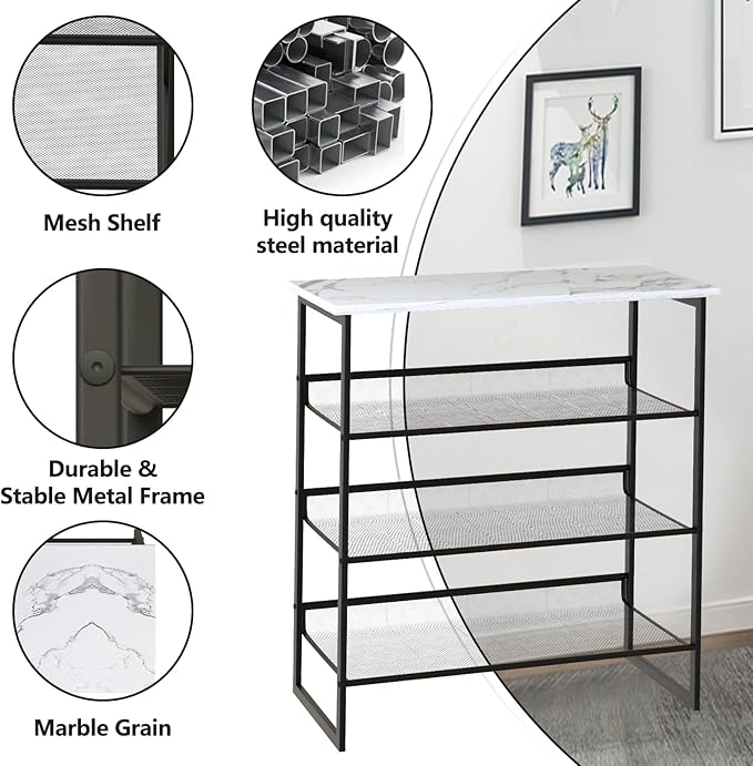 Garden 4 you 4 Tiers White Marble Shoe Rack,Freestanding Organizer Multi-Purpose Adjustable Flat and Slant Storage Rack Shoe Shelf, High Heels Potted Plant for Entryway Hallway Living Room Closet