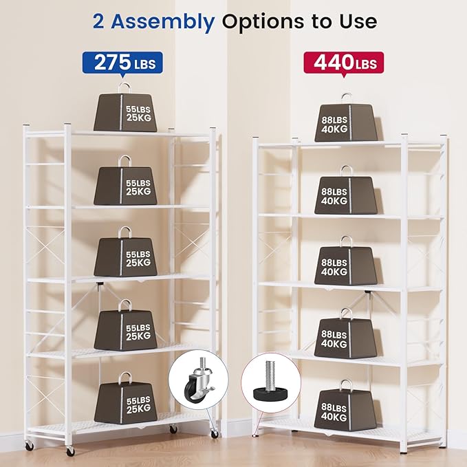 ALANNG 39.4" Wide Folding Storage Shelves with Wheels, Adjustable Metal Shelving Unit, Standing Shelf Organizer for Closet Kitchen Garage Laundry Pantry (White,1 Pack)