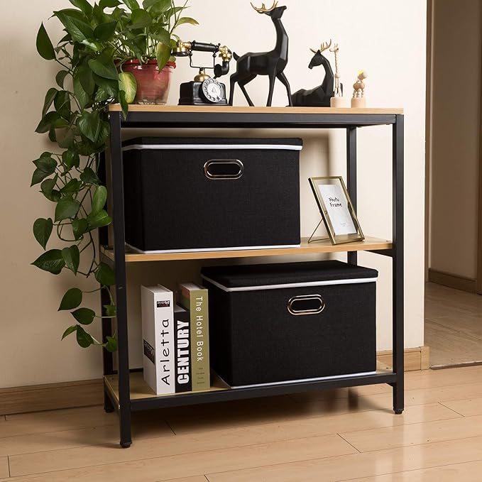 PRANDOM Large Foldable Storage Boxes with Lids [5-Pack] Organizer Containers Baskets Cube with Cover for Home Bedroom Closet Office Black17.7x11.8x11.8 For 6+ Year Old Boys and Girls