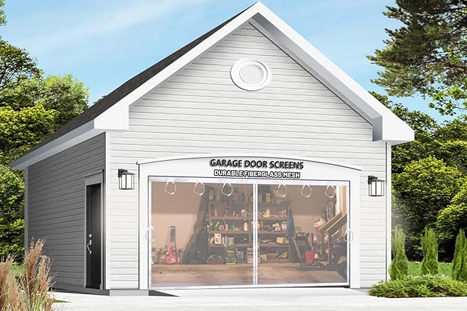 Garage Magnetic Door Screen 16x7FT White, Garage/Patio/Porch/Balcony Screen Door Mesh 16x7 FT, Upgraded Fiberglass Stronger Than PET and Polyester, Heavy Duty Weighted Bottom & Magnetic Closure