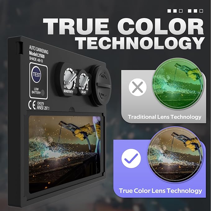 1/1/1/1 True Color Auto Darkening Welding Helmet with light, Solar Powered Wide Shade 4/9-13 for TIG MIG Stick Weld Hood Mask