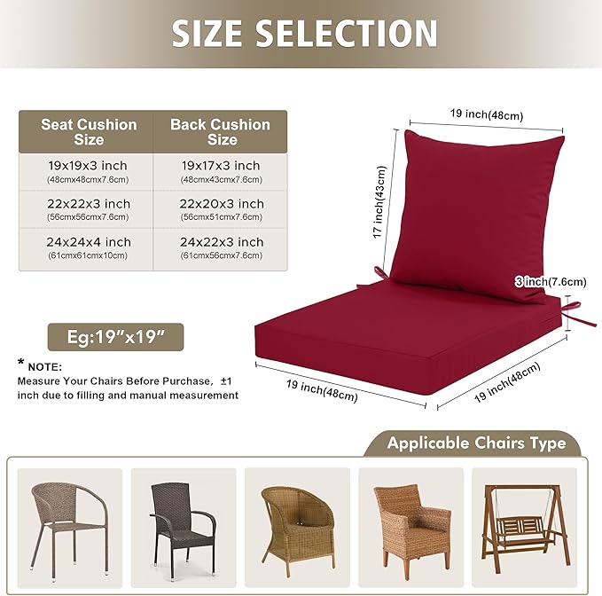 Outdoor Cushions for Patio Furniture, Waterproof Outdoor Chair Cushion w/Fade-Resistant, Removable & Machine-Washable Cover, 22x22 Inch, Deep Seat Sofa/Couch Pad Replacement – Set of 1/2/4, Burgundy