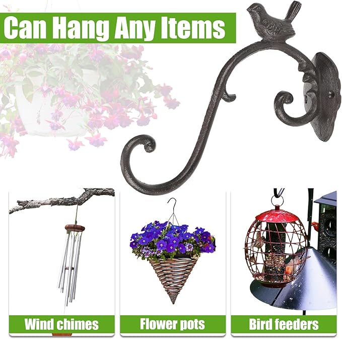 Moxweyeni 2 Pcs Cast Iron Plant Hangers Outdoor 10" Heavy Duty Hanging Basket Brackets Lovely Bird Shape Decorative Wall Hangers for Flower Pots Bird Feeder Wind Chime Lantern(Rust)