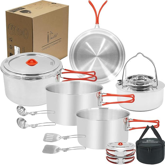 8.7"x8.7"x5" Large Capacity Compact 11 Pcs 4 to 8 People Stainless Steel Camping Cooking Cookware Sets with Utensils and Kettle, Outdoor Mess Cooking Kit with Carrying Bag