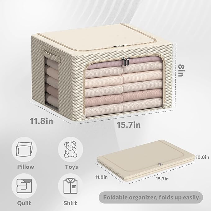 3Pack Frame Storage Box - Clothes Storage Bin Bags Oxford Fabric Foldable Stackable Container Organizer Set with Clear Window & Carry Handles Large Capacity (Beige, Small-22L)