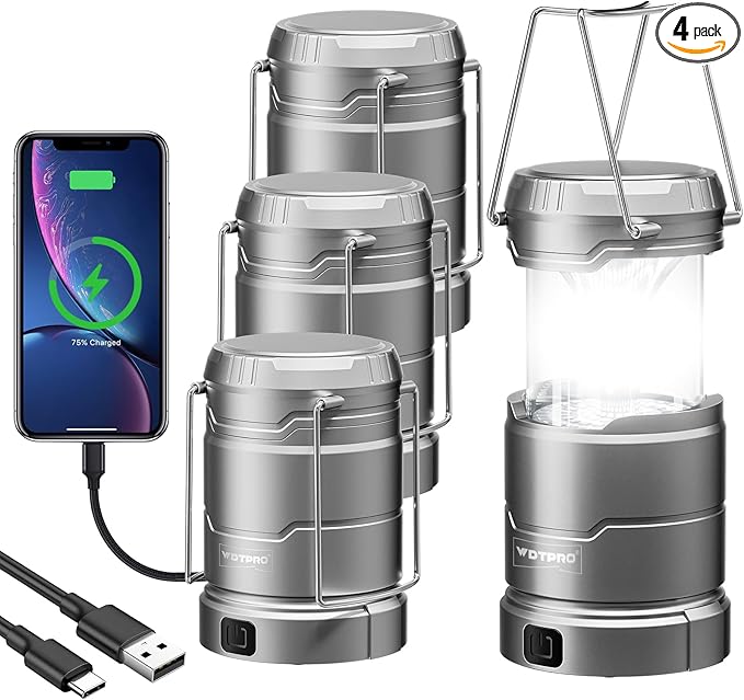 4 Pack Camping Lanterns Rechargeable Collapsible, 65 LED 3 Lighting Modes, 1000LM Camping Lights Waterproof, Portable Lantern for Camping Essentials Power Outages Tent Emegency Home Hiking