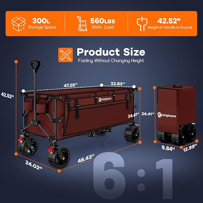 48" L Collapsible Wagon Cart Foldable, 560LB Weight Capacity 300L Heavy Duty Folding Beach Wagons with Big All-Terrain Wheels, Utility Carts for Groceries, Shopping, Camping, Sports - Red