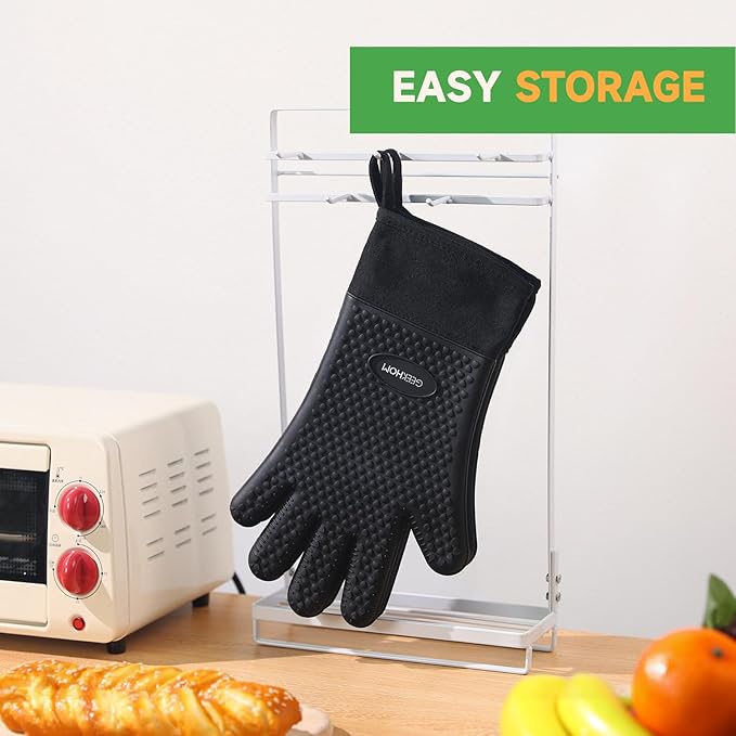 GEEKHOM BBQ Gloves, Grilling Gloves Heat Resistant Oven Gloves, Kitchen Silicone Oven Mitts, Long Waterproof Non-Slip Pot Holder for Barbecue, Cooking, Baking, Black