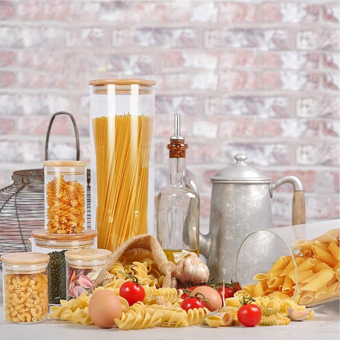 8 oz Glass Jars With Bamboo Lids - Borosilicate Airtight Canisters, Food Storage Container, Pantry Organization, Kitchen Sets, Spice Containers - Set of 15