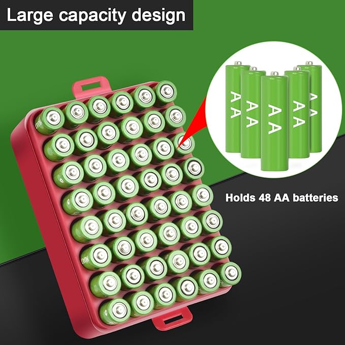 ALCYON Battery Organizer Storage Case, Small Battery Vault Box Container for 48pcs AA Batteries, Plastic Clear Protective Battery Holder for Travelling/Home/Office (Red, Large)