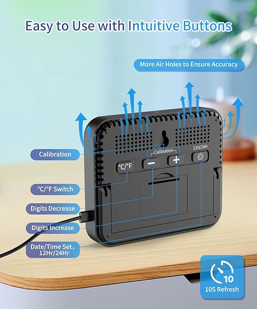 VOCOO Digital Indoor Room Thermometer - 5.8'' Extra Large Display Temperature Humidity Sensor with Accurate Temp Humidity Gauge Monitor, Calibration, Max & Min Records, Comfort, Backlit, Date & Clock