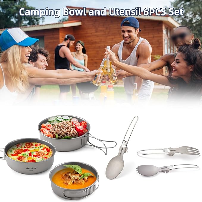 Titanium Camping Bowls and Utensils Set, Lightweight Portable Titanium Plates with Folding Handle & Forks Spoons Travel Cutlery Dinnerware for Outdoor Camping Backpacking Hiking Picnic