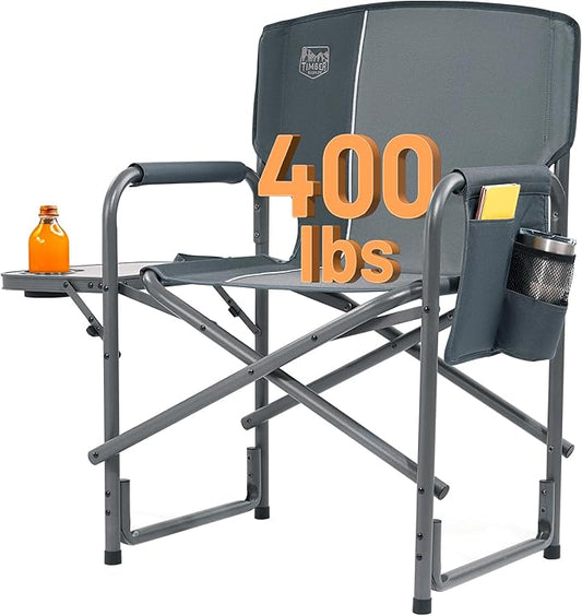 TIMBER RIDGE Aluminum Oversized Camping Chair, Lightweight Portable Directors Chair with Side Table Detachable Side Pocket for Outdoor Camping, Lawn, Picnic, Support 400lbs Gray