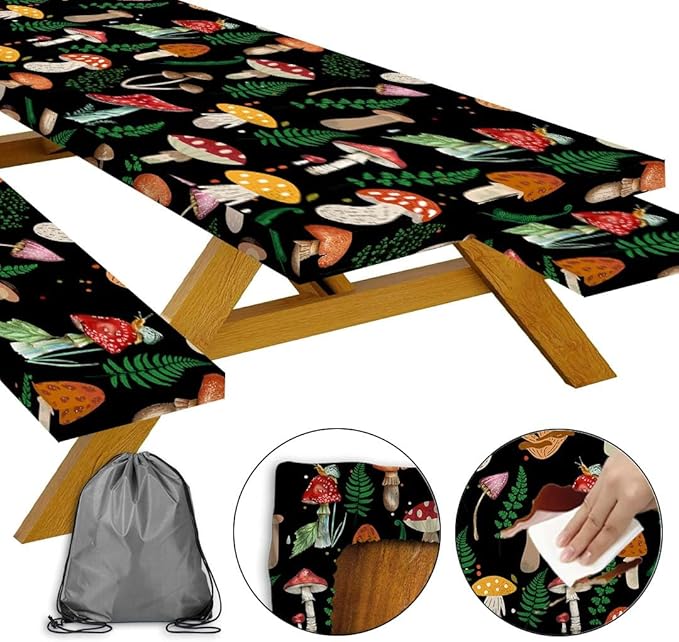 JAWO Black Picnic Table Cover with Bench Covers Elastic Edges Camping RV Essentials Waterproof Windproof Outdoor Fitted Tablecloth Rectangle Camping Tables and Seats, 30x72in