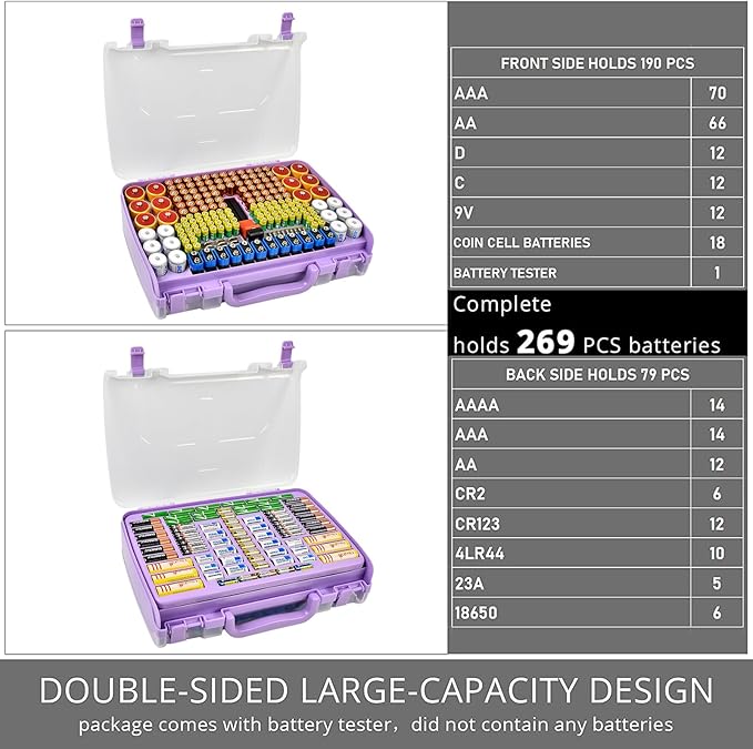 Battery Organizer Storage Holder Box Case with Tester- 269 Batteries Double-Sided Variety Pack, Holds AA AAA 4A C D Cell 9V 3V Lithium LR44 CR2 CR123 CR1632 18650 Button- Purple (Box Only)