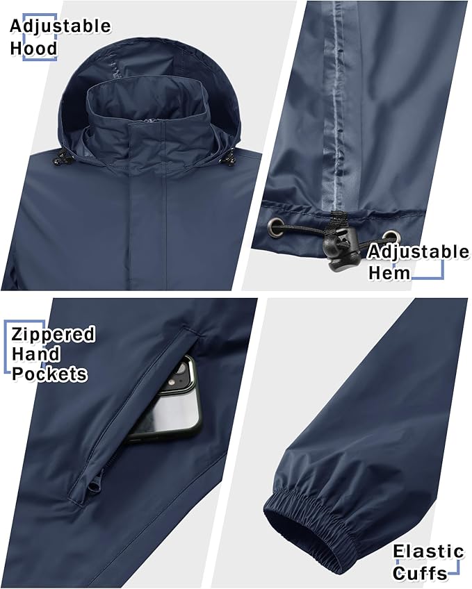 33,000ft Men's Pullover Rain Jacket Waterproof with Hood Lightweight Packable Raincoat Windbreaker for Golf Travel