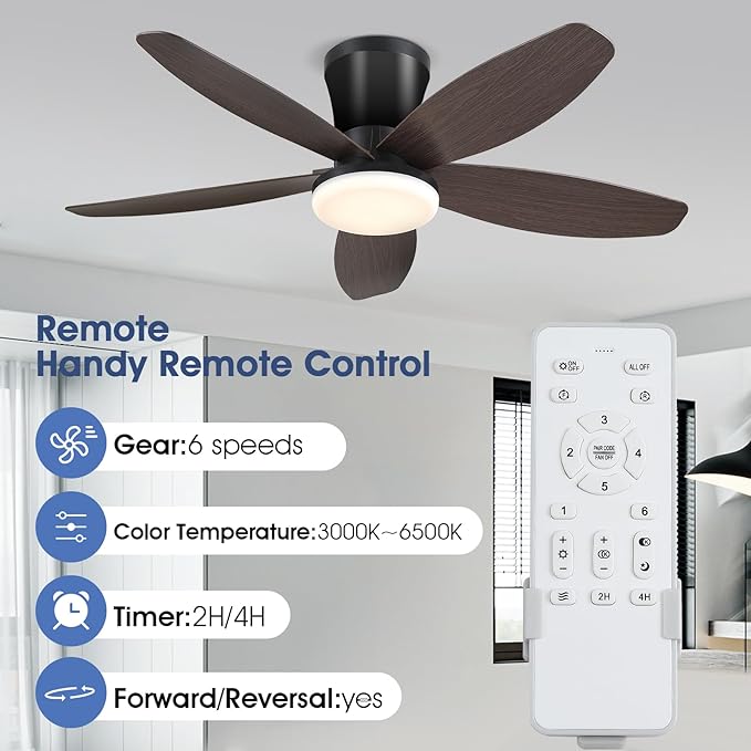 Ceiling Fans with Lights-36 Low Profile Ceiling Fan with Light and Remote/APP Control,Flush Mount,DC Reversible,LED Dimmable Modern Ceiling Fans for Bedroom,Indoor/Outdoor Patio Use(Brown)