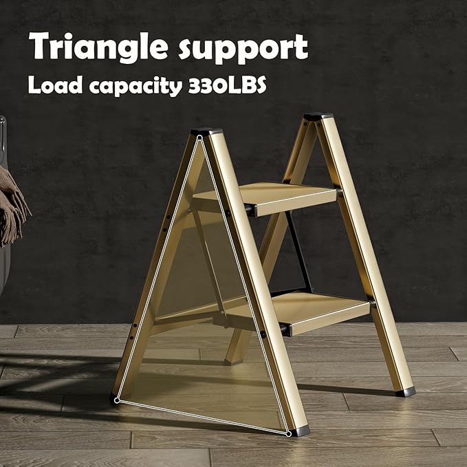 HillhutApex 2 Step Stool, Aluminum Foldable Step Ladder, Lightweight Stable Stool with Wide Non-Slip Pedals, 330lbs Bearing Capacity Ladder for Office,Home,Kitchen - Gold