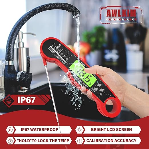 AWLKIM® Digital Meat Thermometer for Cooking - IP67 Waterproof Kitchen Thermometer with Backlight and Hold, Fast Instant Read Thermometer, Candy Making, Outside Grill, Stocking Stuffers for Men-2 pack