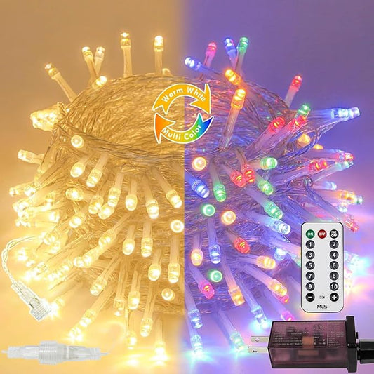 Warm White to Multicolor Color Changing 100 LED 33FT Connectable Christmas String Lights for Outdoor Indoor, 11 Modes Christmas Tree Clear Wire Fairy Waterproof Lights with Memory & Remote & Timer