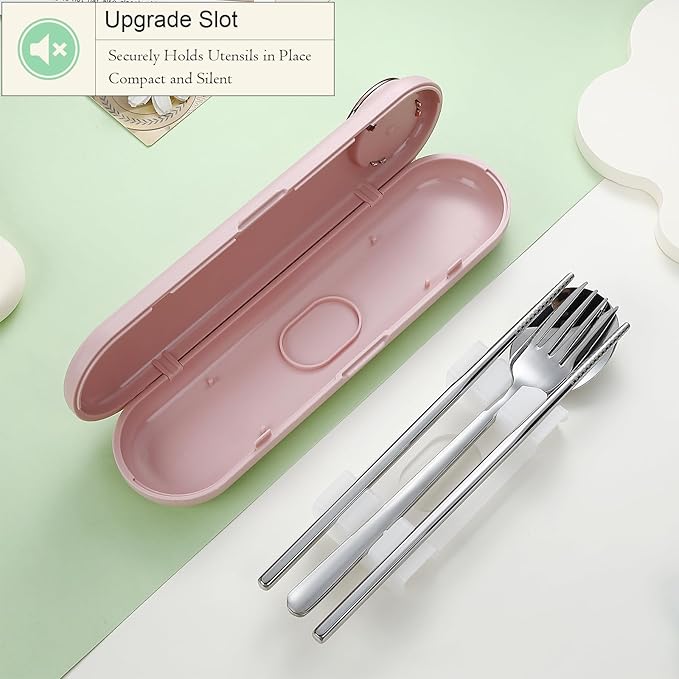DEVICO Travel Utensils with Case Cute, Reusable Silverware for Lunch, Portable Cutlery Set, 18/8 Stainless Steel Fork Spoon Chopsticks in Cartoon Case, Dishwasher Safe (Pink)