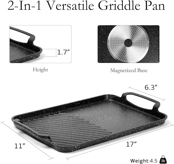 ESLITE LIFE 11" x 17" Nonstick Grill Pan for Indoor Cooking & Outdoor Grilling, Versatile 2-In-1 Induction Large Steak Pan for Stove Tops, PFOA Free, Black