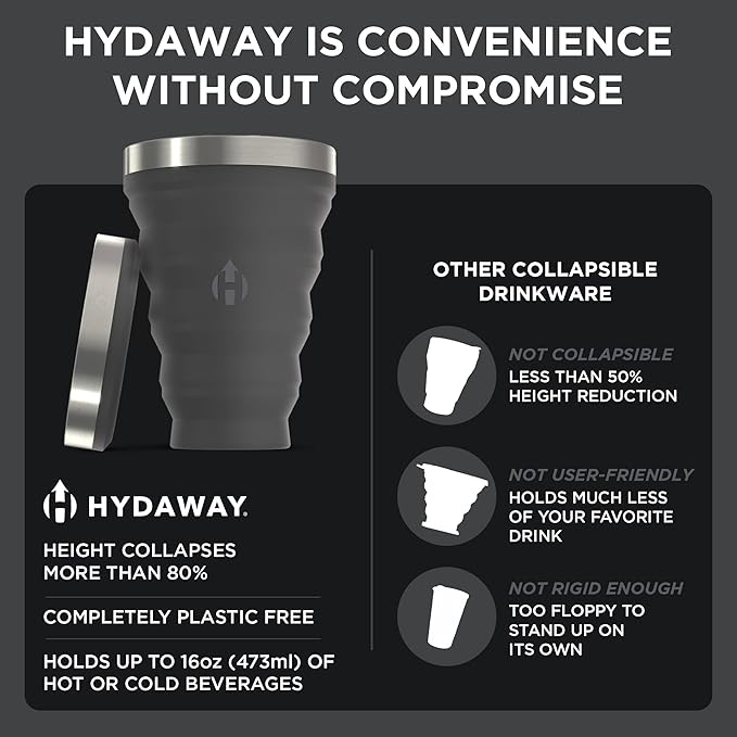 HYDAWAY 16oz Collapsible Pint - BPA-Free Silicone Cup with Stainless Steel Rim - Reusable, Packable, and Durable for Camping, Travel & Everyday Use