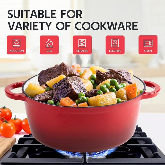 4.5 Quart Dutch Oven Enameled Cast Iron with Lid - Big Dual Handles - Oven Safe up to 500°F - Classic Round Pot for Versatile Cooking Red