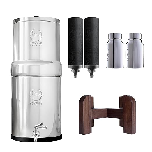 2.25 Gallons NSF Certified AISI 304 Stainless Steel Water Filter with 2 Smart Carbon (Black) Filters, 2 POSTreat Steel Fluoride Removal Elements, Free Water Spigot & Teak Wood Stand