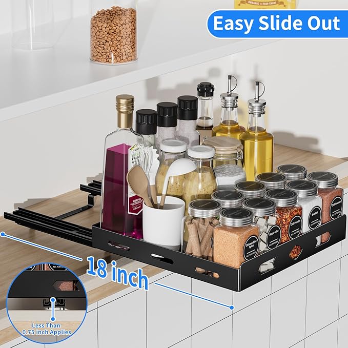 Pull Out Spice Rack Organizer for Cabinet, Heavy Duty Spice Organizer, Vertical Spice Rack Organizer for Kitchen, Cabinet, Pantry (10.5''Wx10.5''Dx2.8''H, Metal Black)