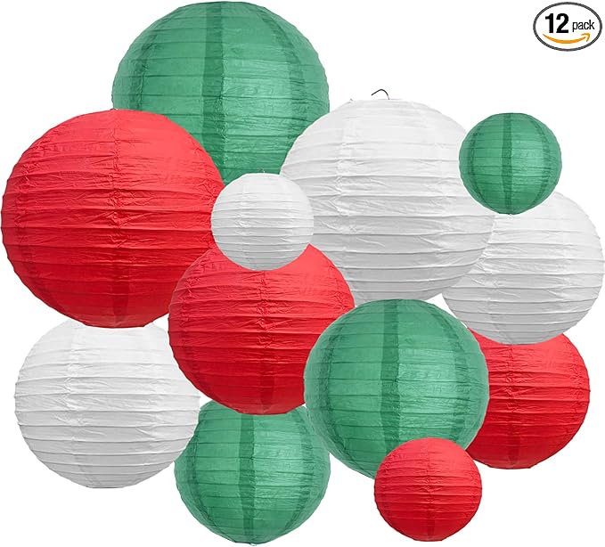 BEISHIDA 12Pcs Red Green White Paper Lanterns Decorative Hanging Round Paper Lanterns Lamp for Christmas，Birthday, Wedding,Bridal,Home Decor,Outdoor Decoration,Party Decoration