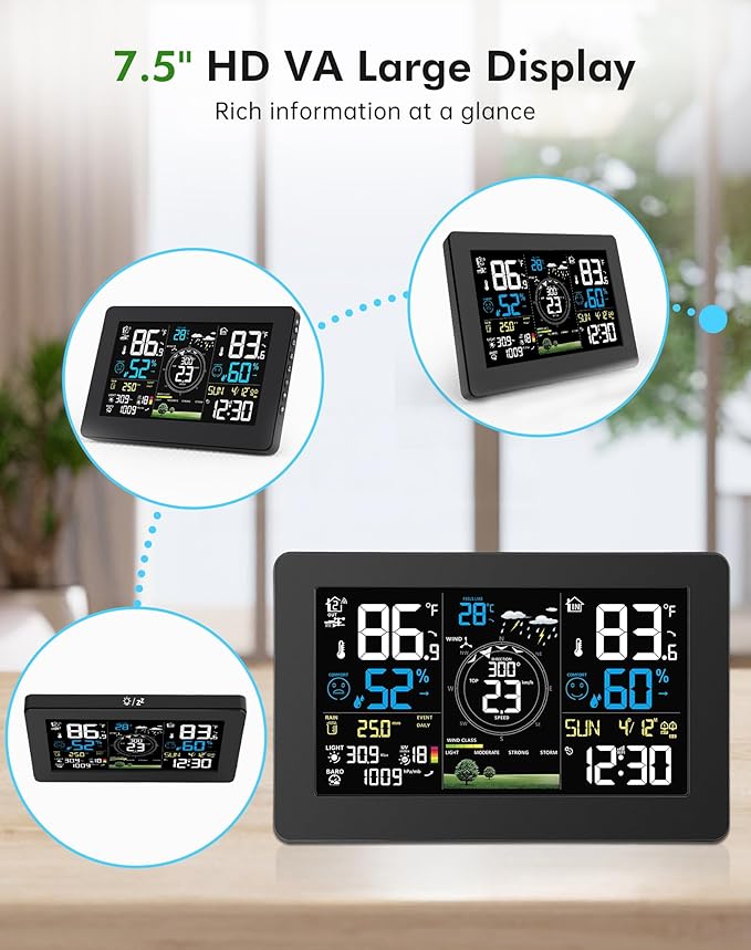 WiFi Weather Station Wireless Indoor Outdoor, Thermometer with Rain Gauge and Wind Speed/Direction, Large Display for Weather Forecast, Temperature, Humidity, Clock, Alarm, UV, Air Pressure