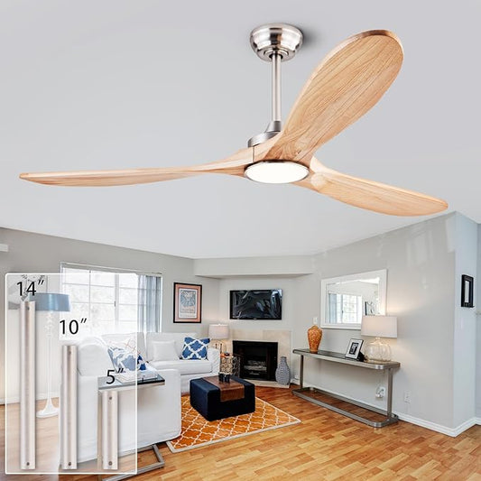 60" Wood Ceiling Fans with Lights and Remote Control,Indoor Outdoor 3 Blades Wooden Ceiling Fan for Garage,Patio,Living Rooms,Bedrooms,Offices,Farmhouse(Nickel+Raw wood)