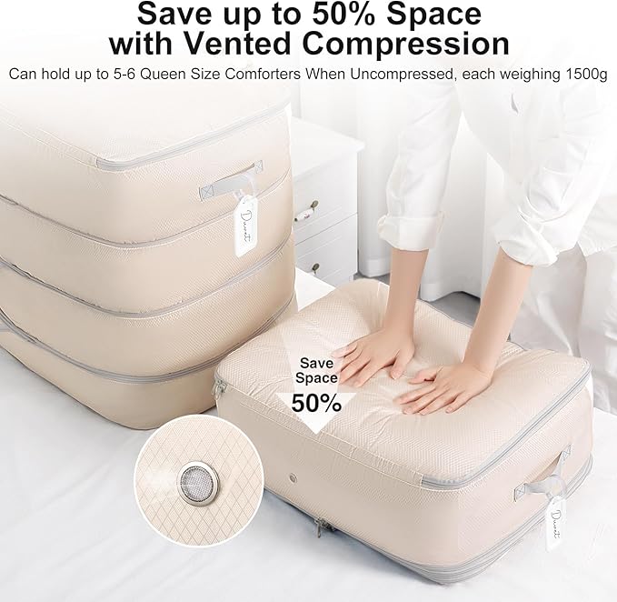 Comforter Storage Bag - 130L Large Capacity Blanket Storage Bags 4-Layer Ultra Space Saving Self Compression Organizer, Washable Compression Bags for Storage Comforter Blanket, 2-Pack, Beige