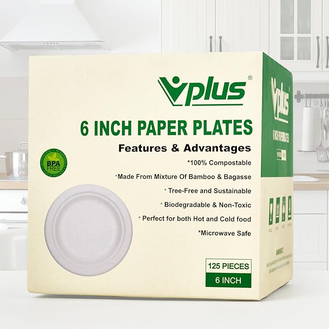 Vplus 125 Pack 6 inch Paper Plates 100% Compostable, Heavy-Duty Disposable Paper Plates Bagasse Natural Biodegradable Eco-Friendly Sugarcane（White）