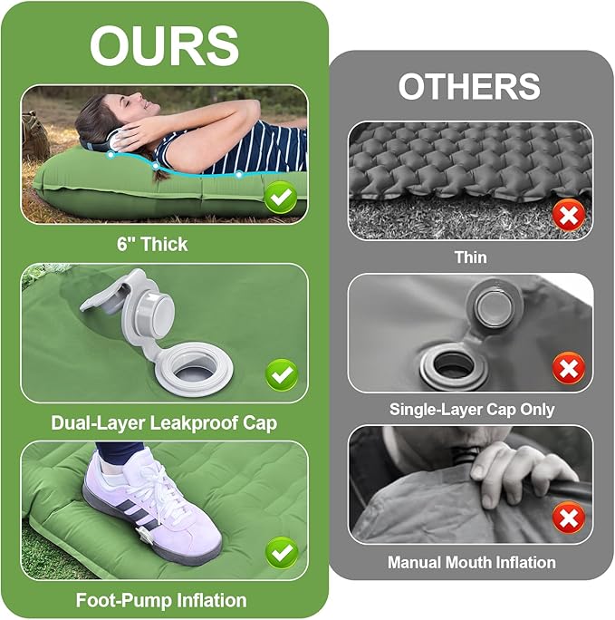 Double Sleeping Pad Camping, 6" Extra Thick Camping Pad with Pillow Built-in Foot Pump Waterproof Inflatable Sleeping Mats for Camping, Backpacking, Hiking,Traveling Tent