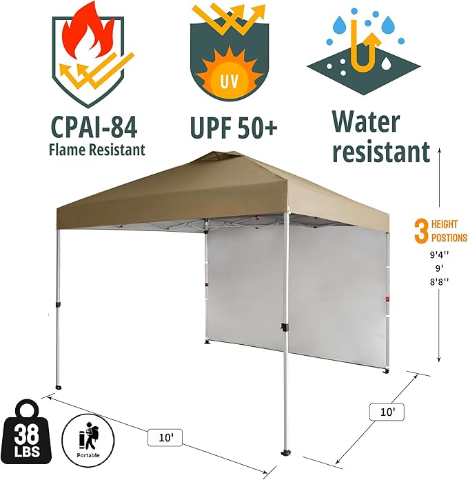 CROWN SHADES 10x10 Pop Up Canopy with 1 Side Wall - Beach Tent with One Push Setup - Outdoor Sun Shade for Events, Parties, Camping - Gazebo with STO-N-Go Cover Bag (Beige)