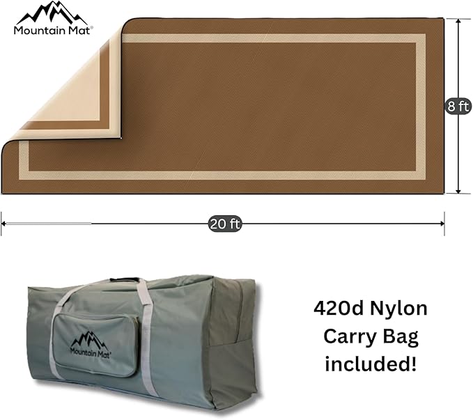 8x20 Brown RV Patio Mat with Carry Bag – Extra Thick 5mm Recycled Poly Rug – Heavy-Duty, Waterproof, Reversible – Premium Outdoor Mat for Camping, Deck (8' x 20', Brown Solid)