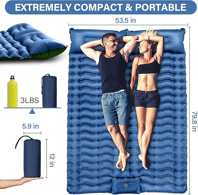 Double Sleeping Pad for 2 Person - 4" Extra Thick Inflatable Air Mattress with Built-in Foot Pump & Pillow for Camping,Traveling, Tent, Portable Camping Mat