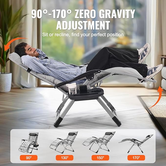 VEVOR Zero Gravity Chair, 33 inch Zero Gravity Recliner Lounge Chair for Indoor and Outdoor, Adjustable Anti Gravity Chair with Cushion, Headrest, Footrest, and Cupholder, 500 lbs, Gray