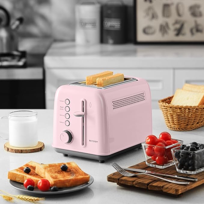 BUYDEEM DT620 2-Slice Toaster, Extra Wide Slots, Retro Stainless Steel with High Lift Lever, Bagel and Muffin Function, Removal Crumb Tray, 7-Shade Settings,Pink