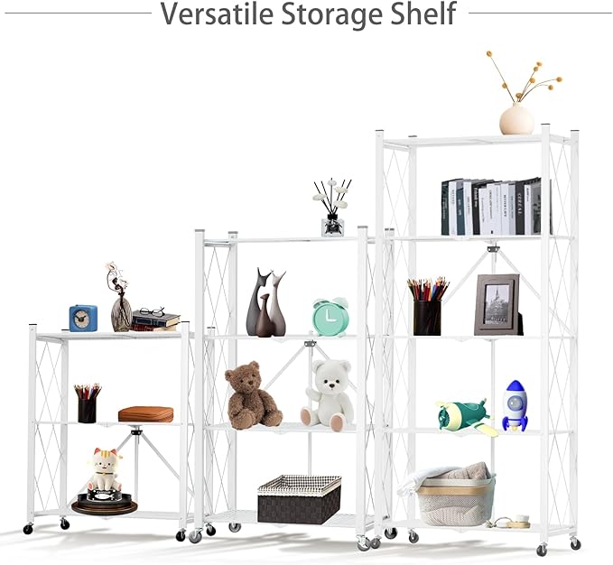 5 Tier Folding Shelf with Wheels,Metal Steel Collapsible Shelves,No Assembly Portable Shelves Organizer Rack,Rolling Standing Utility Rack for Kitchen, Pantry, Office, White