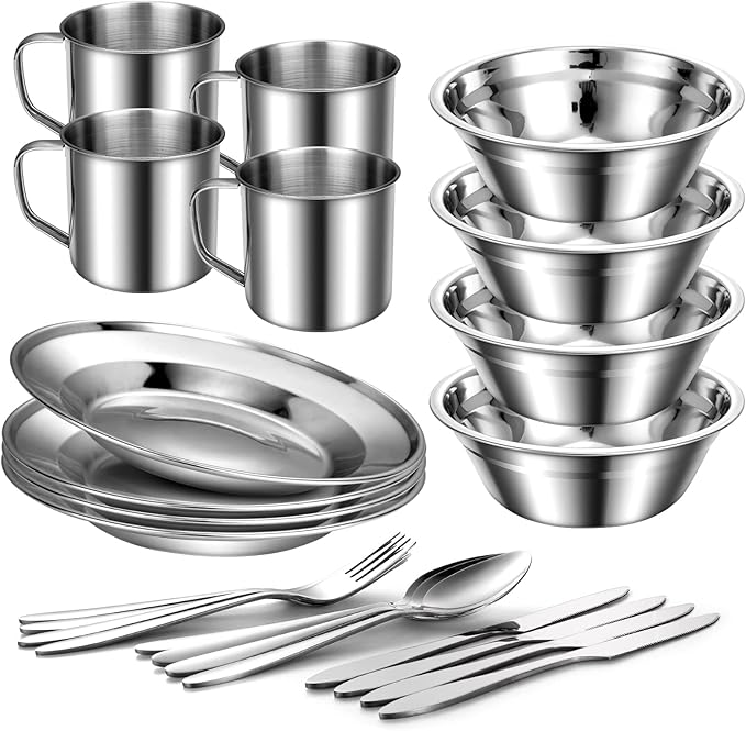 Odoland 29pcs Stainless Steel Utensils Camping Tableware Kit with Bowls Plates Cups Forks Spoons and Knives for 4, Cutlery Flatware Set for Backpacking, Outdoor Camping Hiking and Picnic