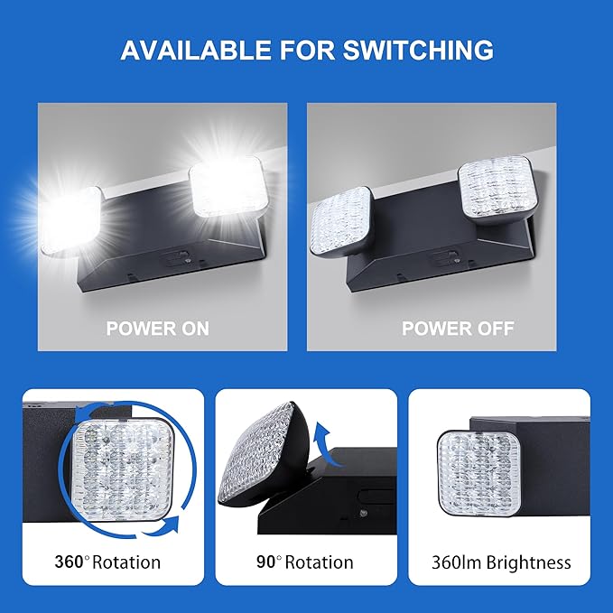 Qllite LED Emergency Light with Battery Backup, LED Commercial Emergency Lighting Fixtures Two Heads Adjustable, UL Listed, AC 120-347V, Energy Efficient for Business Schools Hospitals, Square Black