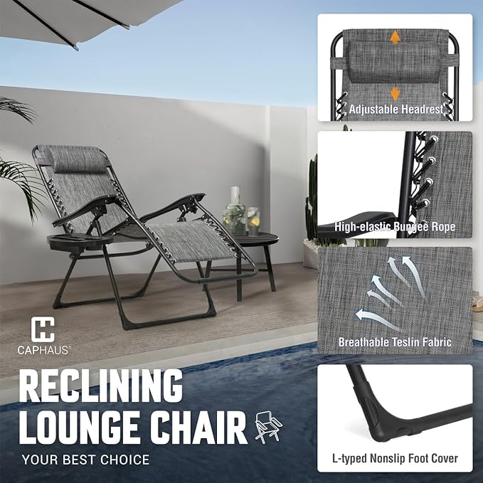 CAPHAUS Grey Zero Gravity Chair, Zero Gravity Recliner, Zero Gravity Lounge Chair, Reclining Outdoor Chair, Anti-Gravity Chair for Indoor & Outdoor, Folding Reclining Chair w/Side Tray, Grey