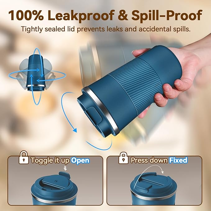 12OZ Travel Coffee Mug Insulated Coffee Cup with Spill Leak Proof Lid, Portable Stainless Steel Tumbler Reusable Hot and Cold Water Mug for Car, Daily, Camping- Blue