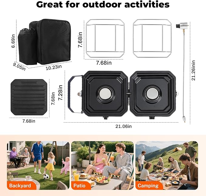 Dollate 2-Burner Propane Stove with Griddle and Carrying Bag, Portable Foldable Camping Stove with 2 Adjustable Burners 16000 BTUs,for Camping Tailgating Essentials Gear (Black)