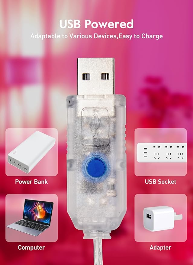 Pink USB Fairy Lights Plug in, 33Feet 100 LEDs Twinkle String Lights with Remote and Timer, Waterproof 8 Modes for Valentine's Day Bedroom Indoor Wreath DIY Wedding Christmas Holiday Decoration