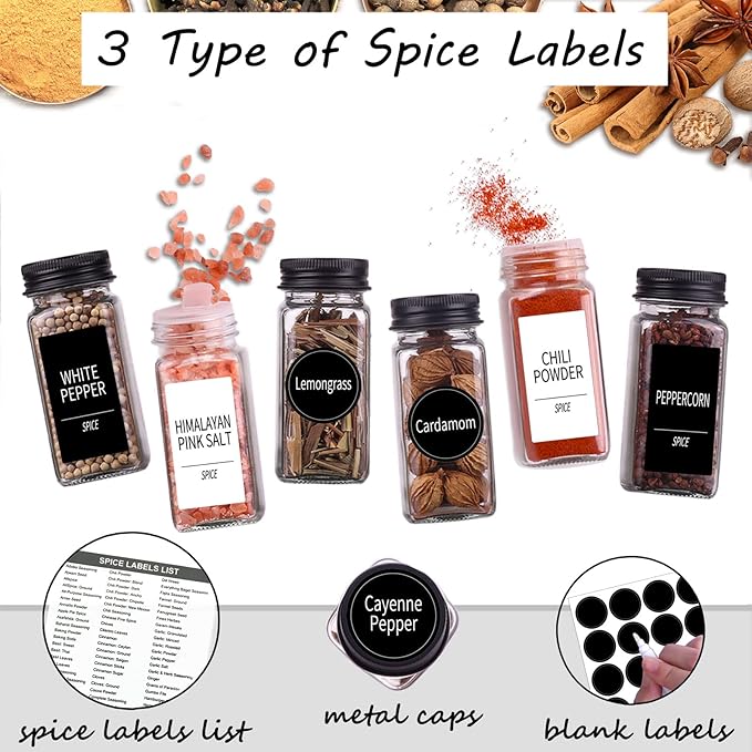 Churboro 66 Spice Jars with 547 Labels- Glass Spice Jars with Black Metal Caps, 4oz Empty Spice Containers with Shaker Lids, Funnel, Chalk Pen, Square Seasoning Bottles for Spice Rack, Drawer, Cabinet